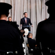 LAPD officers watch as Los Angeles Mayor Eric Garcetti swears in veteran Michel Moore as the new chief of police in July 2018.